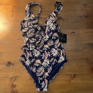 NWT NIP TUCK WOMENS ONE PIECE SWIMSUIT Navy With Palm Print Size 6‎